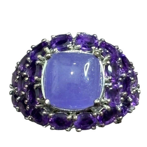 Vintage 925 Sterling Silver Lavender Jade and Amethyst Gemstone Ring Size 6
